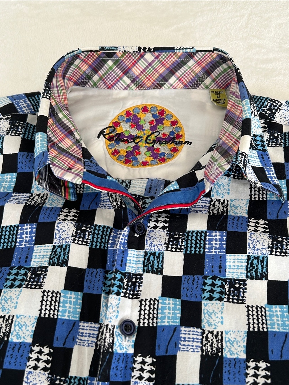 Robert Graham Blue, Black & White Check Patchwork Button-Down Shirt
